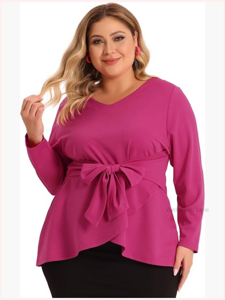 Women's Plus Size Long Sleeve V Neck Knit Work Top With Belt